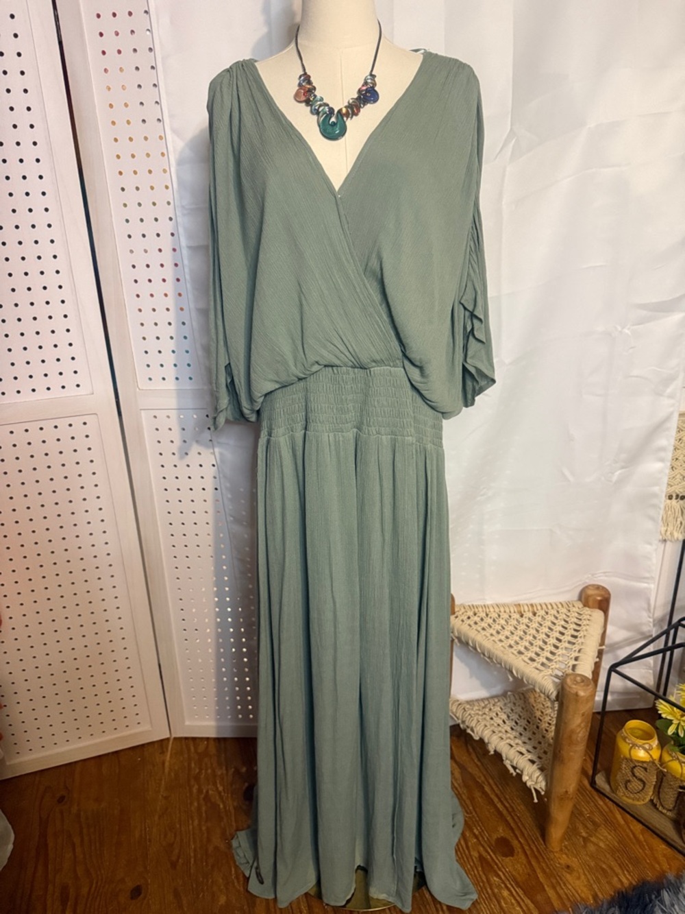 Sage Green V-Neck Smocked Waist Maxi Dress